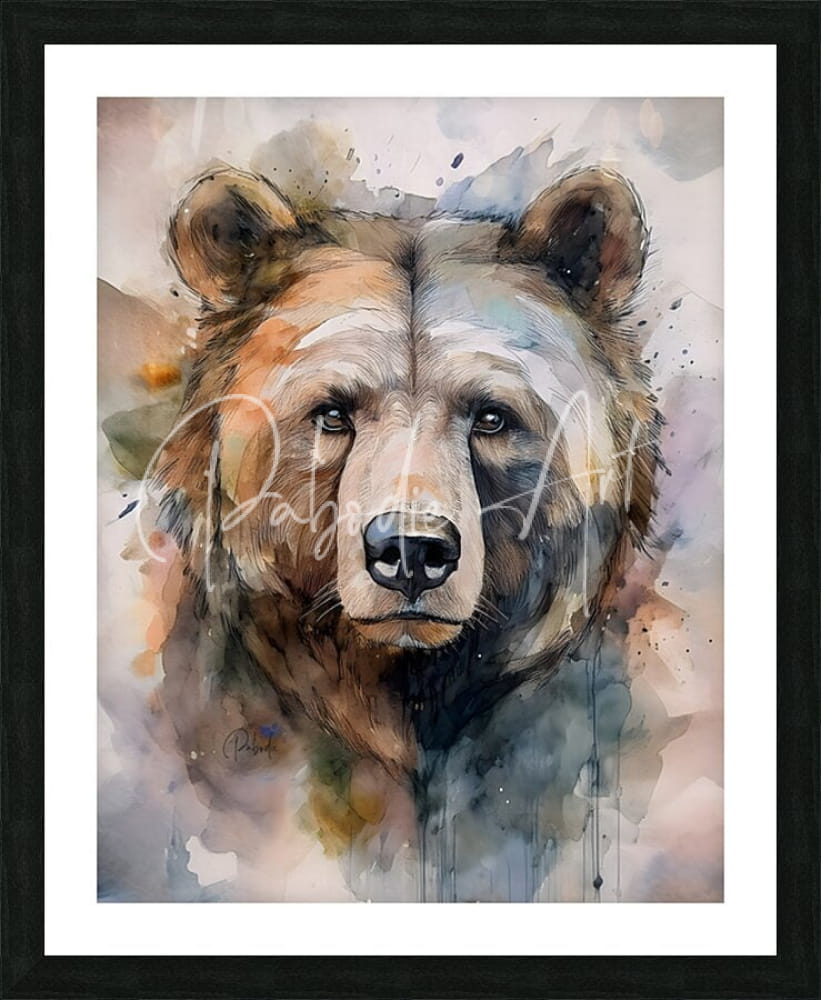 Brown bear inkwash watercolor painting of bear face in earthy browns and grays framed in black