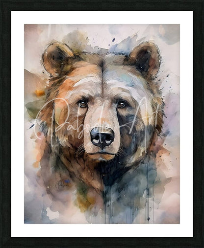 Brown bear inkwash watercolor painting of bear face in earthy browns and grays framed in black