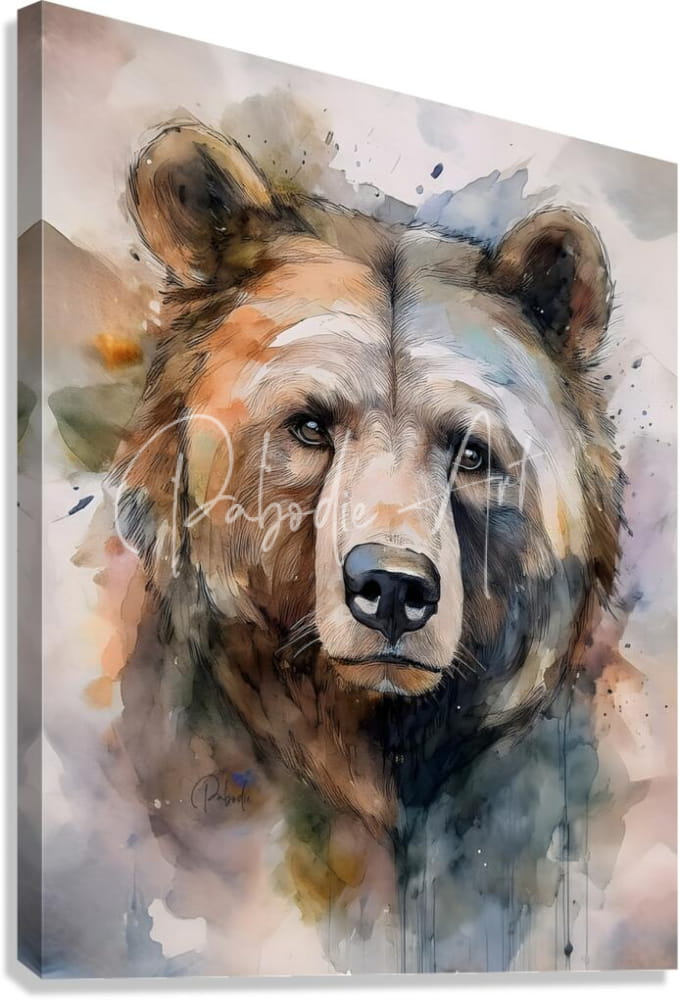 Watercolor painting of a brown bear on canvas featured in the brown bear inkwash art product