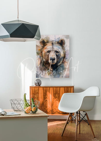 Brown bear inkwash watercolor-style canvas painting featuring soft blended brushstrokes and subtle highlights