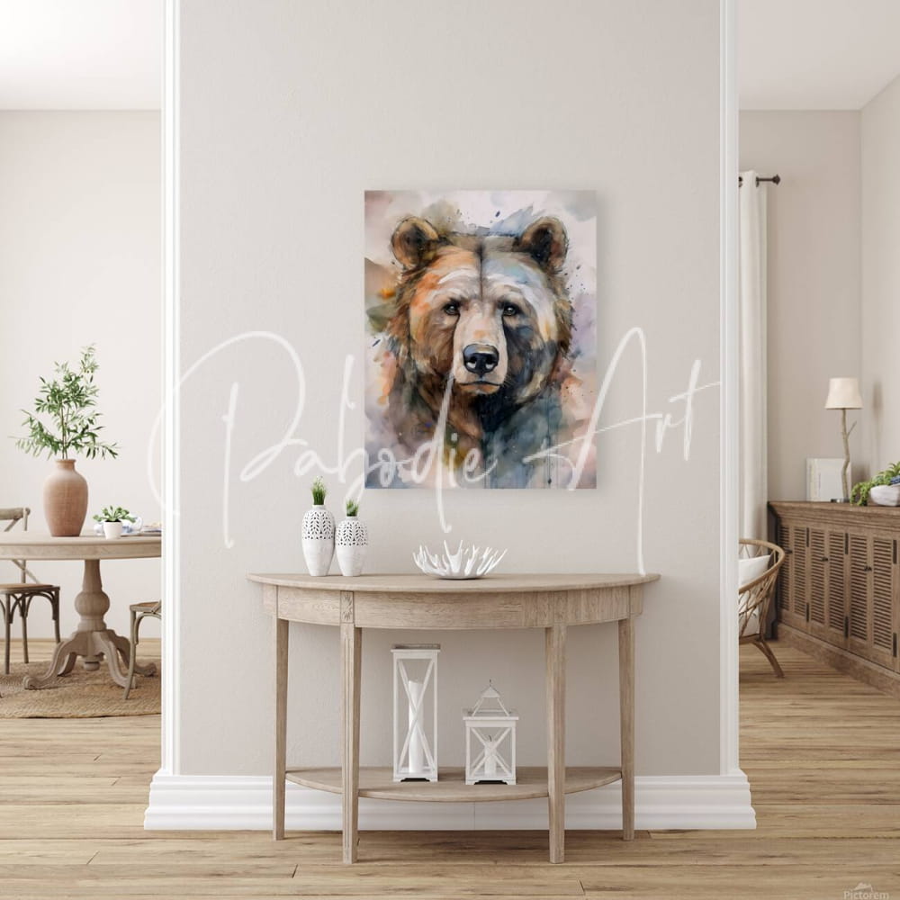Watercolor-style canvas painting of a brown bear in brown black and gray tones titled brown bear inkwash