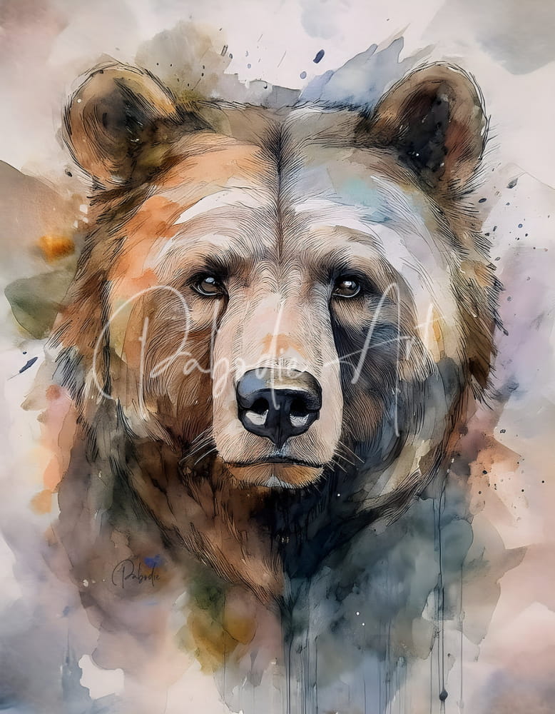 Watercolor painting of a brown bear with expressive eyes and textured fur in earthy tones titled brown bear inkwash