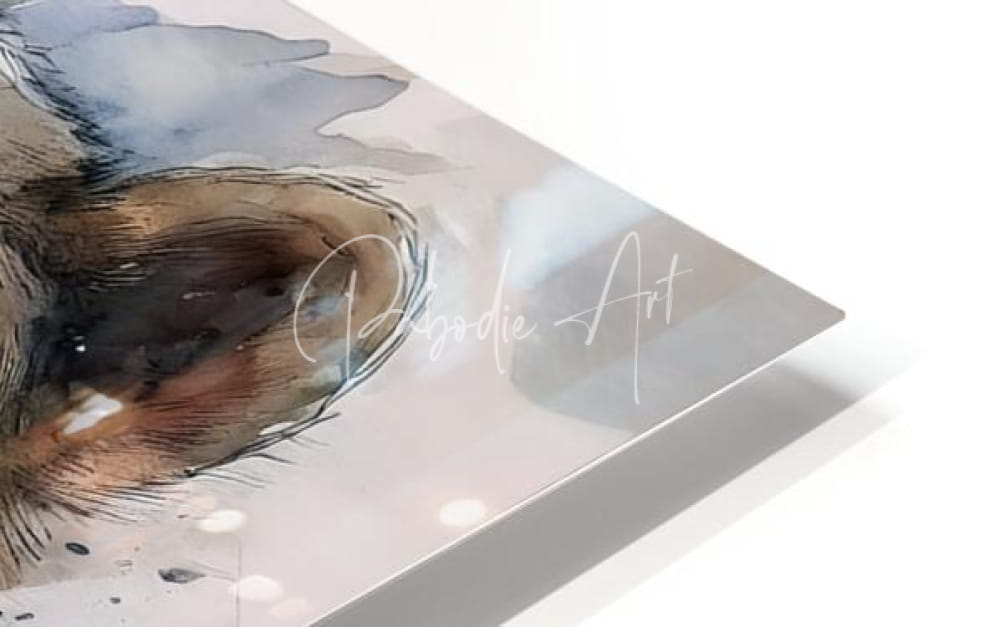 Watercolor painting of a dog’s ear on a sleek modern acrylic panel brown bear inkwash by parodie art