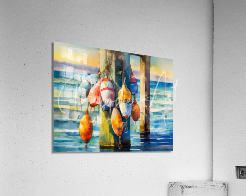 Vibrant watercolor painting of colorful buoy floats hanging from wooden pilings on acrylic print titled the buoys of summer