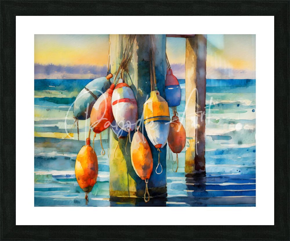 Watercolor painting of colorful buoy floats hanging from a pier post framed in black titled the buoys of summer
