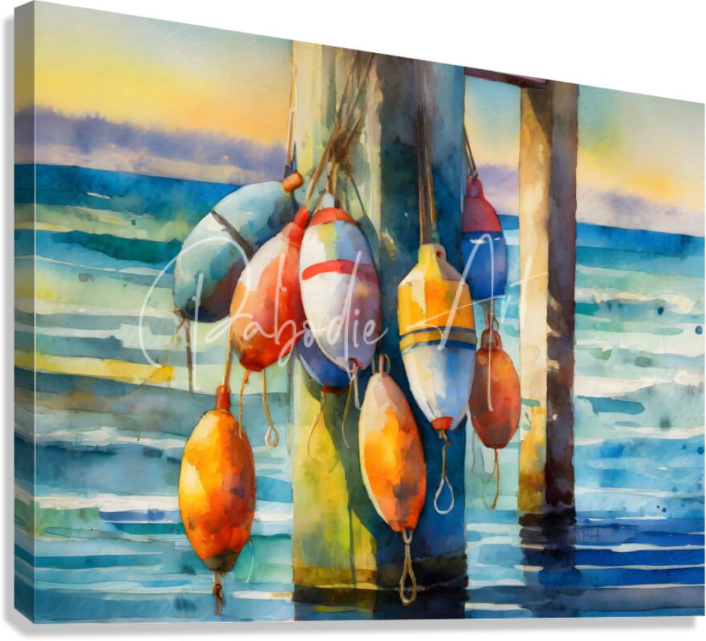 Watercolor painting of colorful buoy floats hanging from a pier titled the buoys of summer