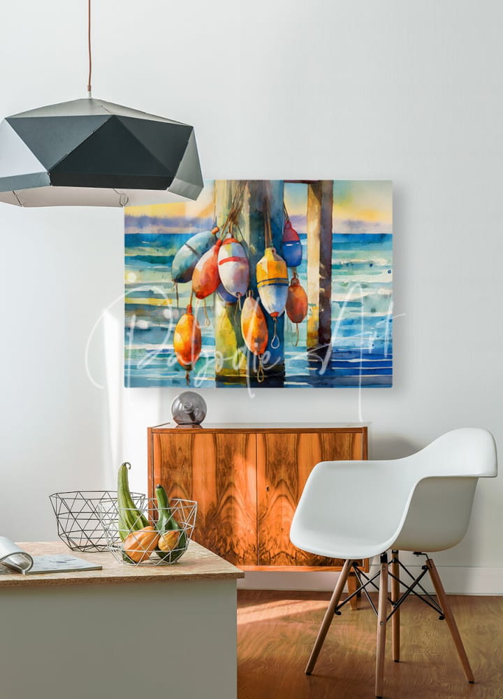 Watercolor painting titled the buoys of summer featuring colorful buoy floats hanging from wooden posts by the ocean