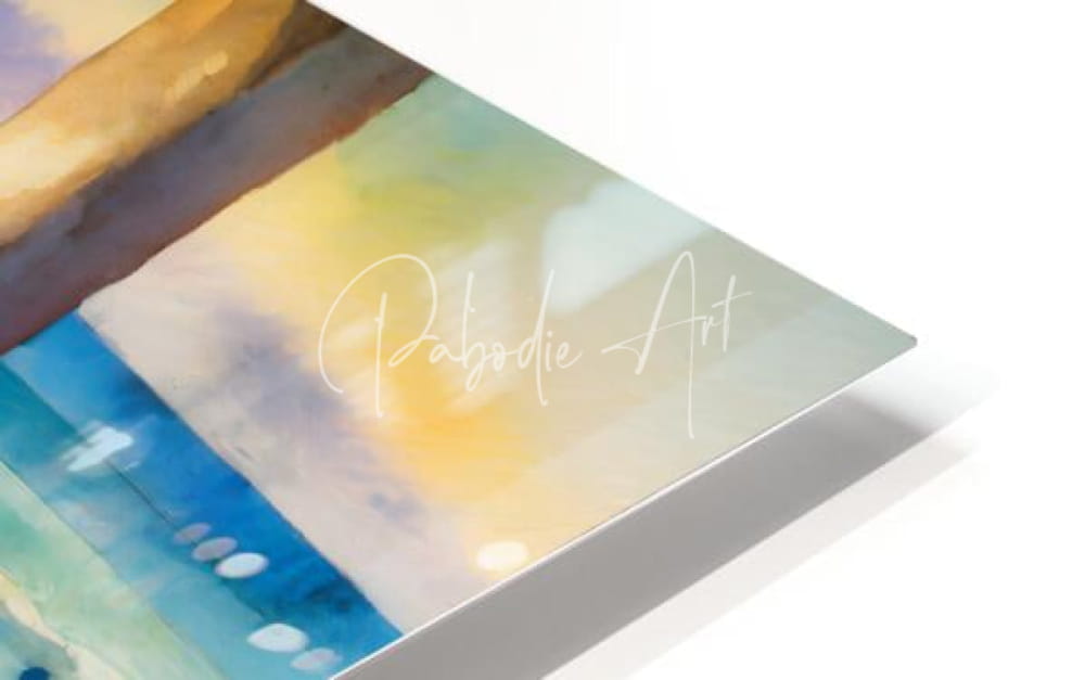 A sleek modern abstract art print called the buoys of summer with blended yellow blue and soft gray watercolor hues and pabodie art signature