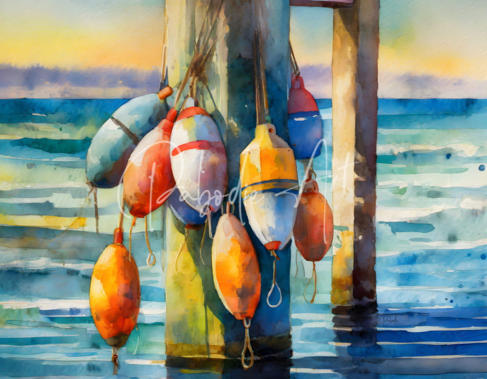 A collection of colorful buoyant fishing floats hanging from a wooden pier post in the buoys of summer product