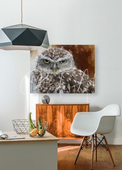 A framed canvas print of a burrowing owl portrait featuring mottled brown and white feathers and intense yellow eyes