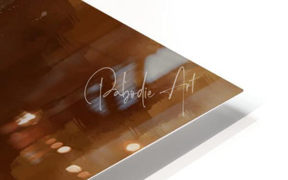 A sleek brown metallic burrowing owl portrait art print with blurred cityscape and palbodie art signature