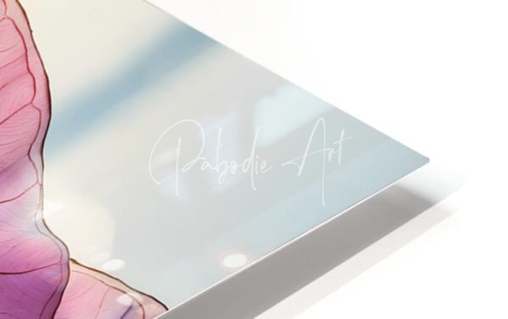 A sleek light blue metallic plaque featuring the cursive signature pabodie art in the caladium colors ii product
