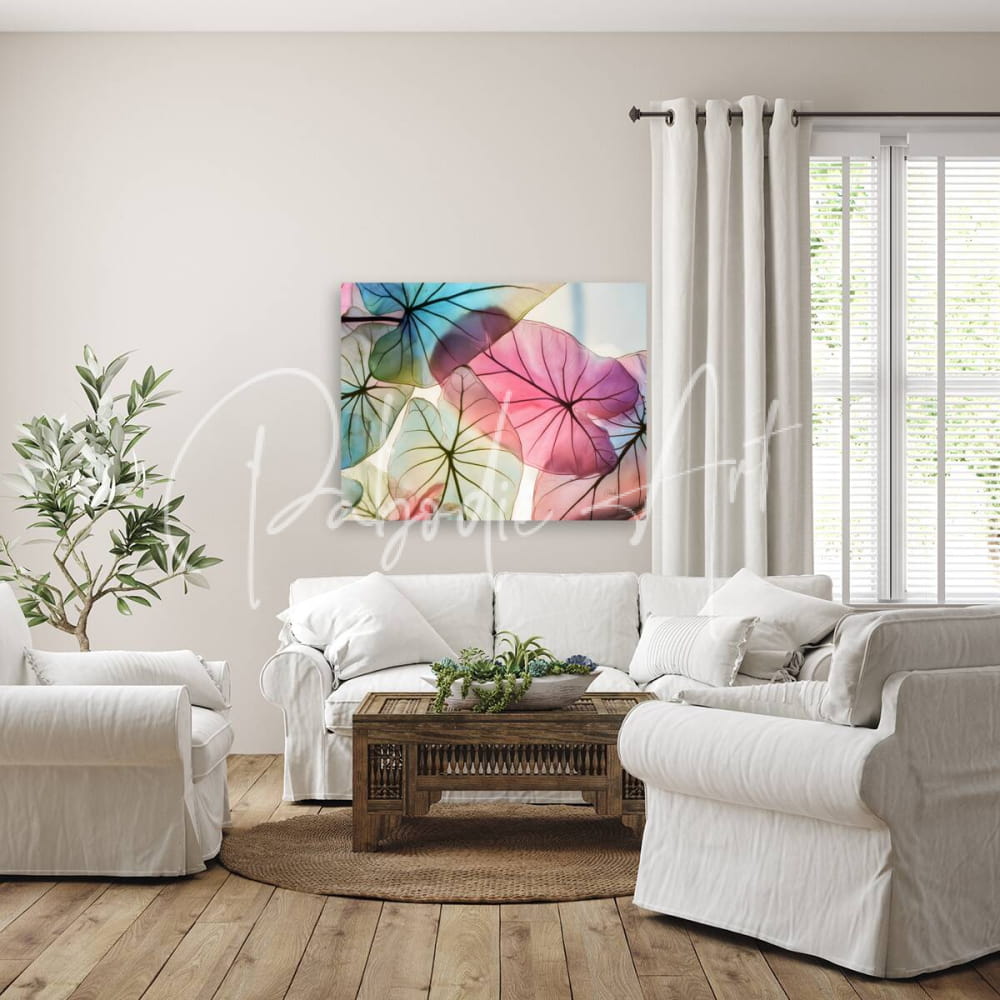 Vibrant abstract canvas titled caladium colors ii featuring overlapping pink teal and green lotus leaves