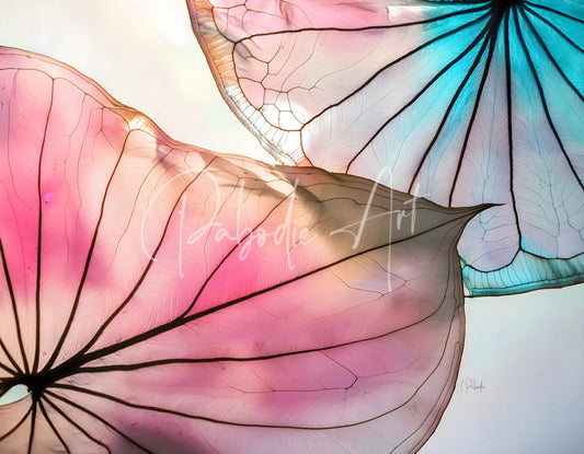 Caladium Colors III delicate translucent pink and teal leaf art piece with intricate black vein detailing