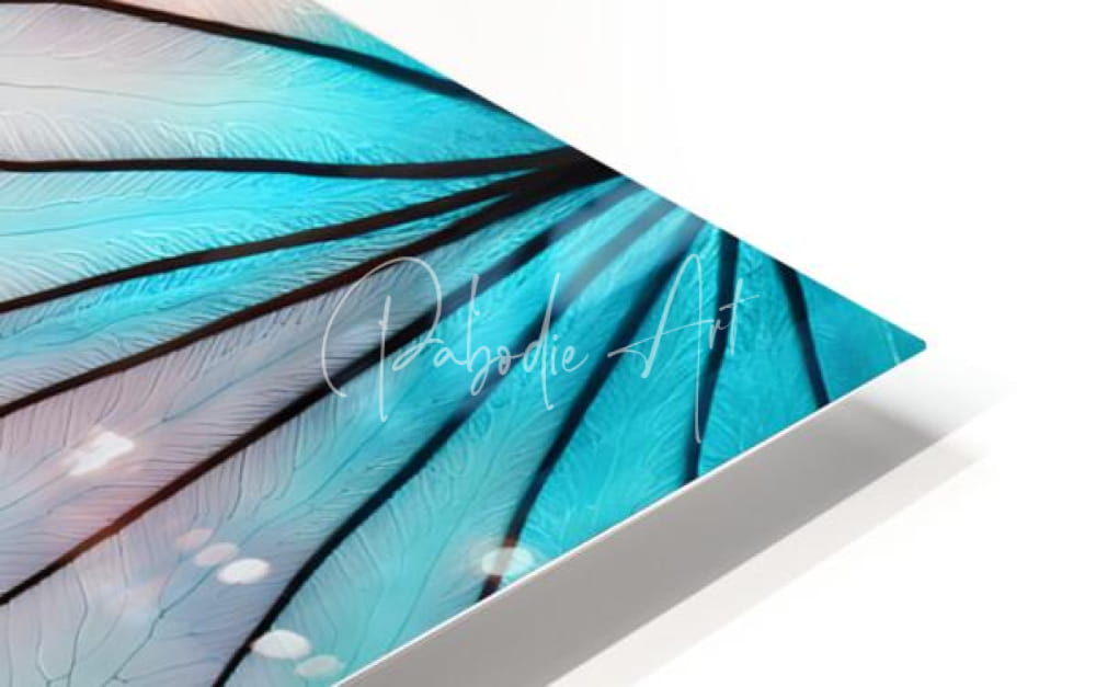 A sleek modern acrylic art panel featuring a vibrant turquoise and pale pink butterfly wing print titled caladium colors iii