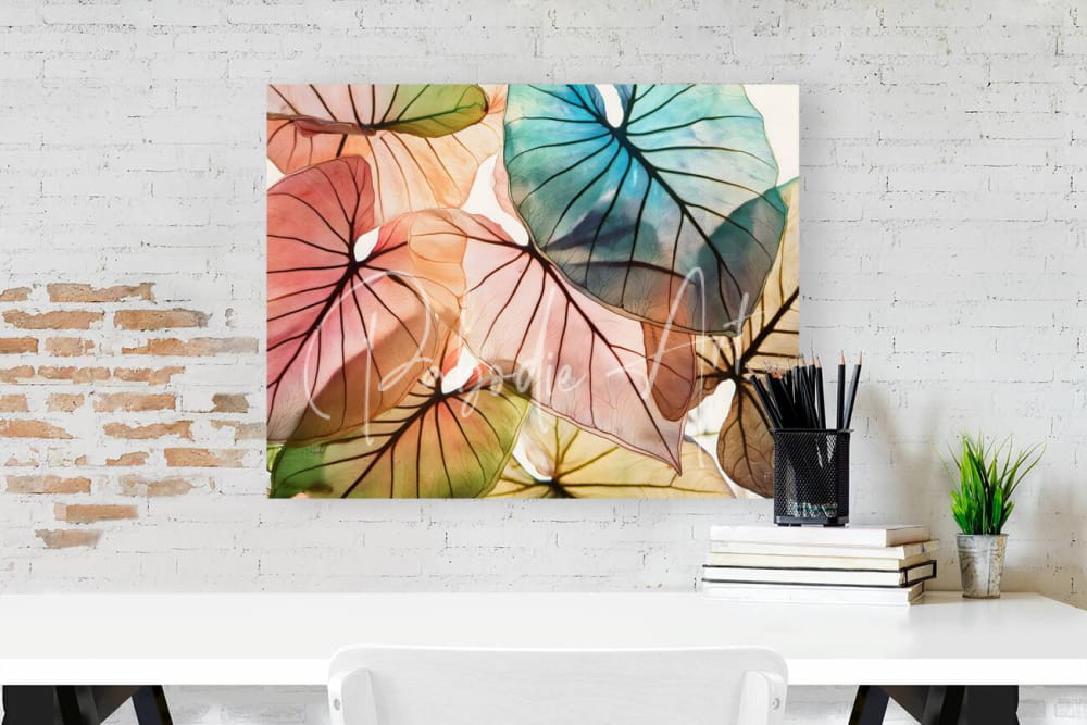 A vibrant watercolor canvas print titled Caladium Colors I featuring overlapping tropical leaves in teal and peach tones