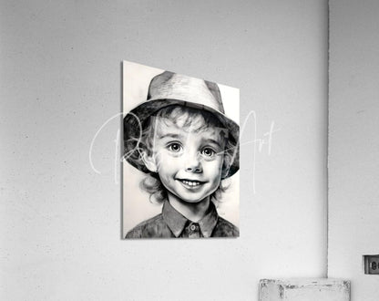 Cameron black-and-white pencil sketch portrait of smiling child wearing hat acrylic print wall art