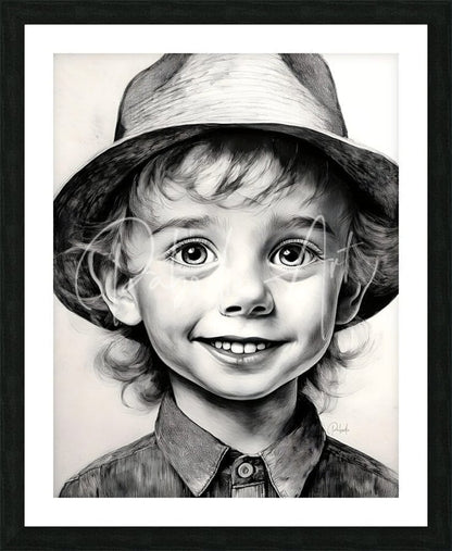 Cameron detailed black and white pencil drawing of smiling child in hat and collared shirt framed in black frame with white mat