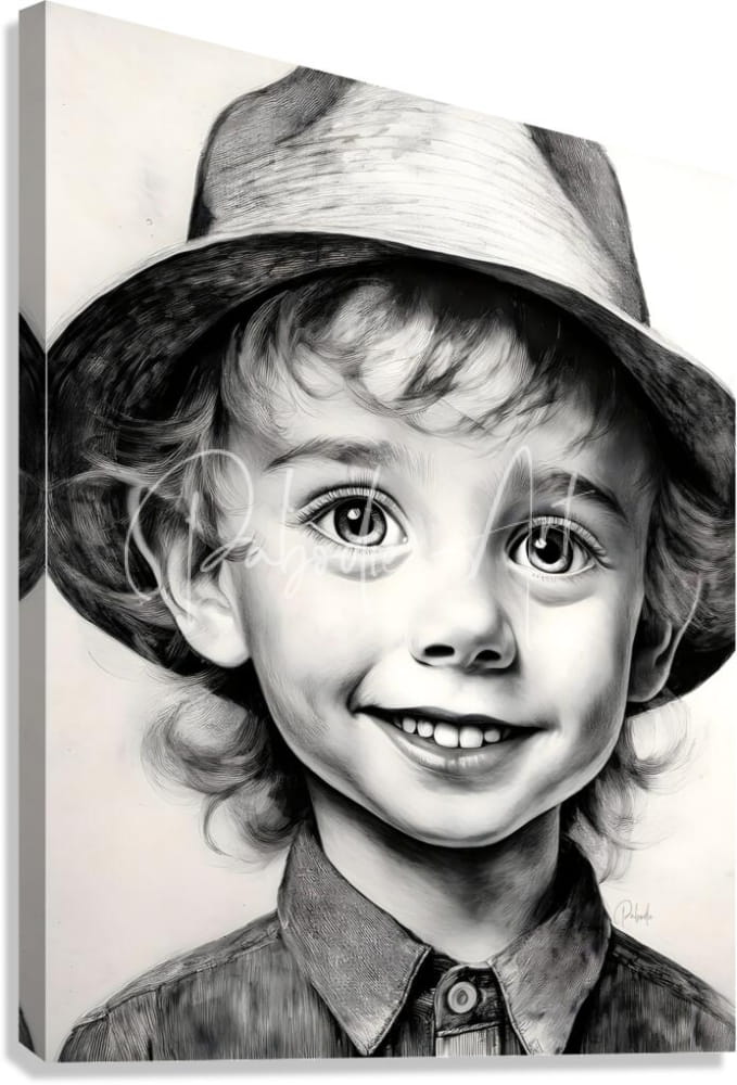 Cameron detailed black-and-white pencil drawing on canvas of a smiling child wearing a hat and collared shirt