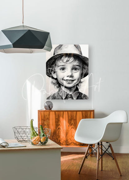 Black-and-white portrait of a smiling child wearing a hat printed on canvas titled cameron