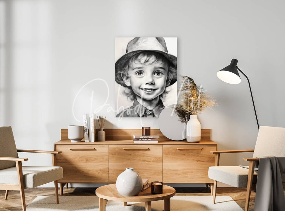 Black-and-white portrait of a smiling child wearing a hat displayed on the wall in the product camerons