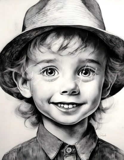 A detailed black-and-white pencil sketch of a smiling child wearing a wide-brimmed hat and collared shirt titled Cameron