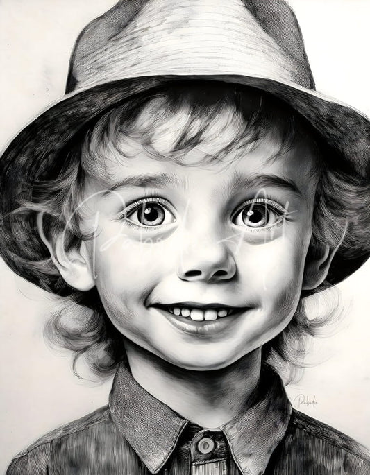 A detailed black-and-white pencil sketch of a smiling child wearing a wide-brimmed hat and collared shirt in Cameron