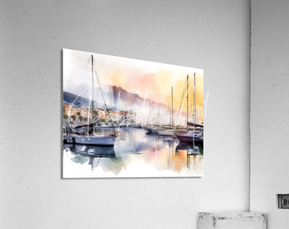 Watercolor painting of cannes old port harbor with sailboats in soft pastel hues on acrylic panel