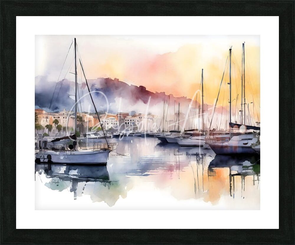 Watercolor painting of sailboats in cannes old port harbor at sunset framed in black for wall decor