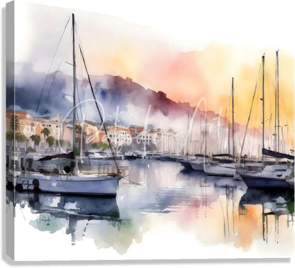 Watercolor painting of Cannes old port harbor with sailboats in soft blues and warm oranges on misty backdrop