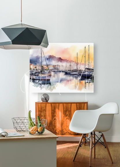 Watercolor painting of Cannes old port harbor with boats and distant hills in soft pastel hues on white canvas