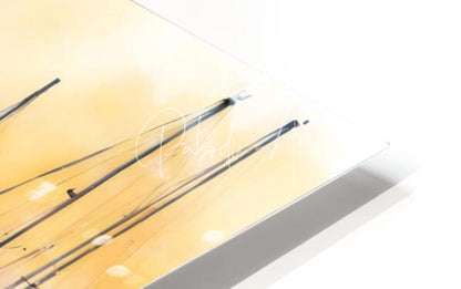 A sleek transparent acrylic art panel titled Cannes Old Port featuring abstract black brushstrokes on amber gradient background