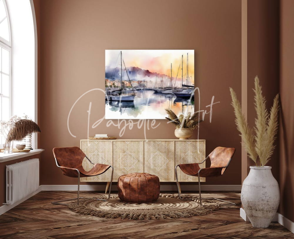 Watercolor painting on canvas of cannes old port harbor with boats in soft blues and warm oranges