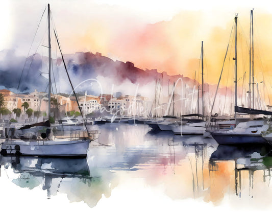 Watercolor painting of sailboats docked in cannes old port at sunset with orange pink and blue hues reflecting on water
