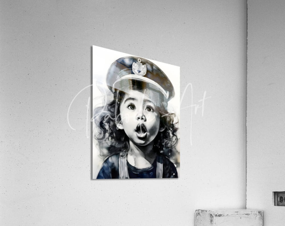 Black and white watercolor portrait of a child in a police officer hat titled captain of her ship on acrylic panel