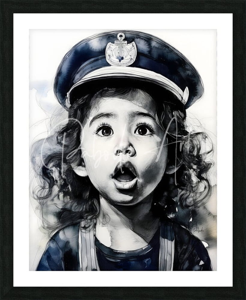 A framed black and white watercolor portrait of a child wearing a navy captain hat with an anchor emblem titled captain of her ship