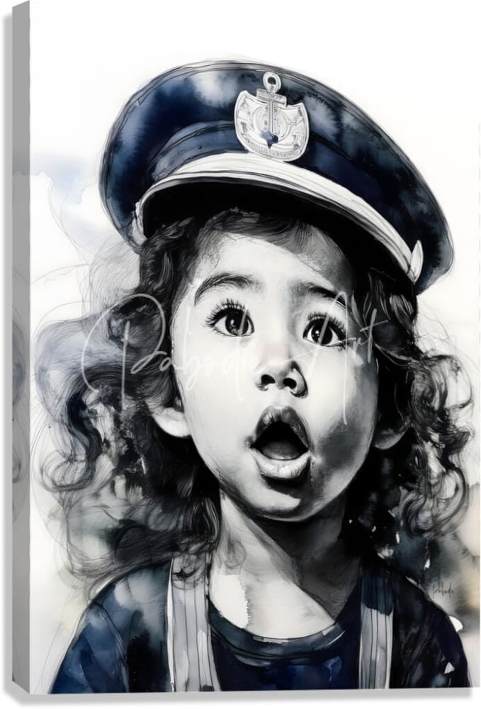 Black-and-white watercolor portrait of a young child wearing a navy captain’s hat with an anchor emblem titled captain of her ship