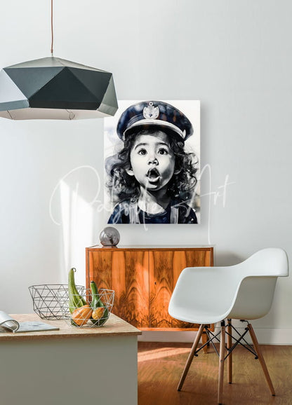 Black-and-white portrait canvas of a young child wearing a police officer hat titled captain of her ship