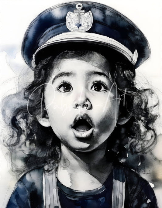 A black and white watercolor portrait of a young child wearing a navy blue sailor hat with an anchor emblem titled captain of her ship