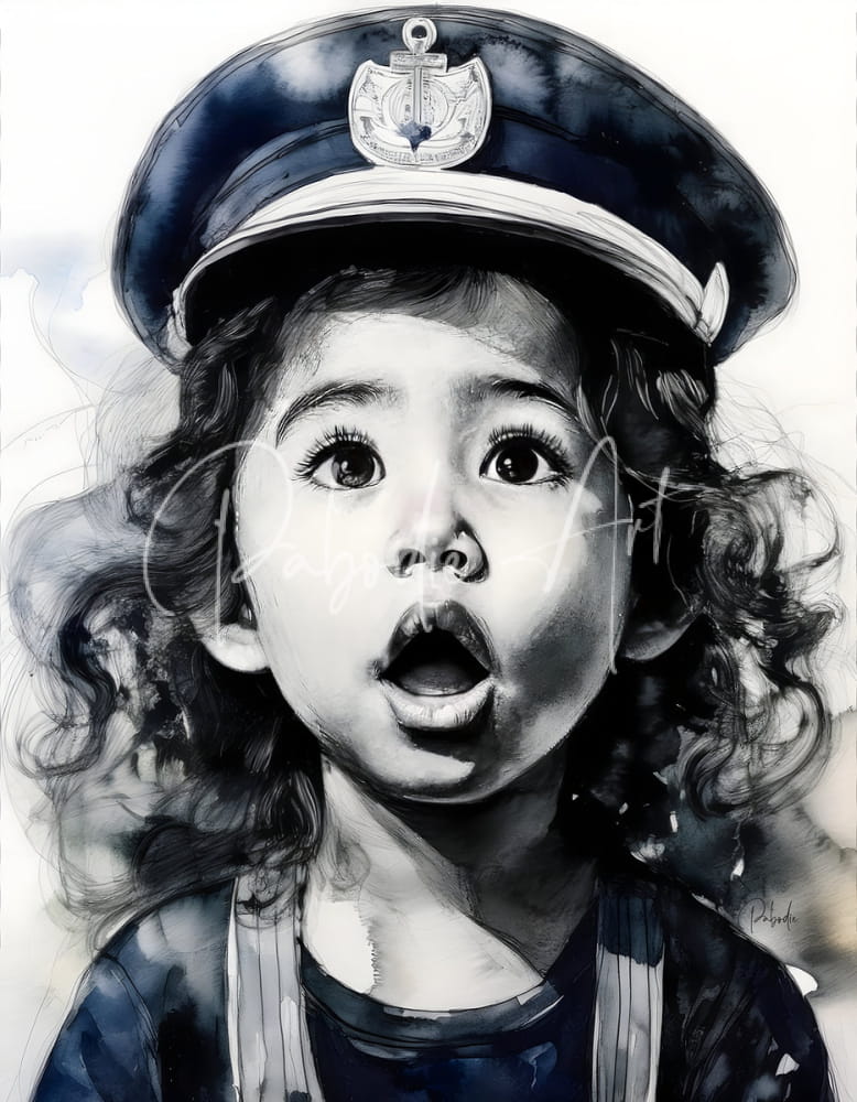 A detailed black and white watercolor portrait of a young child wearing a navy blue sailor hat with an anchor emblem titled captain of her ship