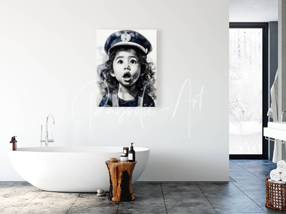 Black and white canvas print of child wearing a sailor hat titled captain of her ship wall art