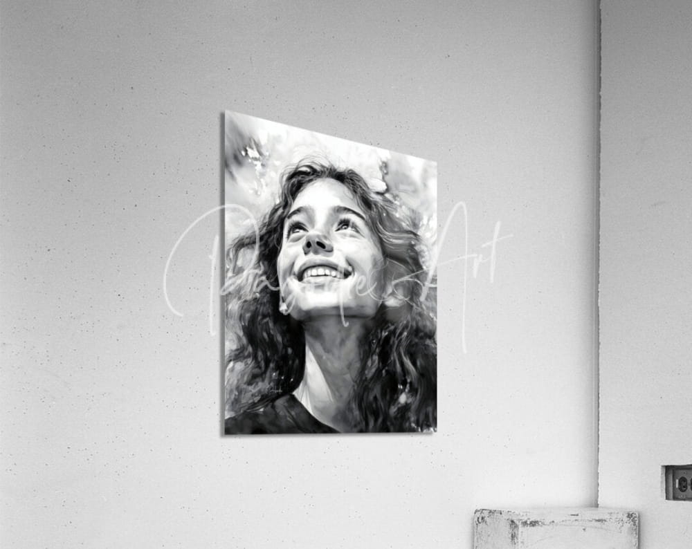 Black-and-white acrylic print titled Carefree of a smiling woman with curly hair mounted on a wall