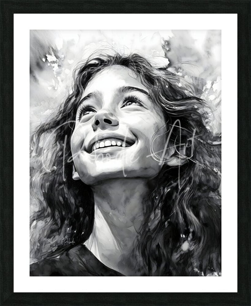 Black and white framed portrait of a smiling girl with curly hair in the carefree product collection