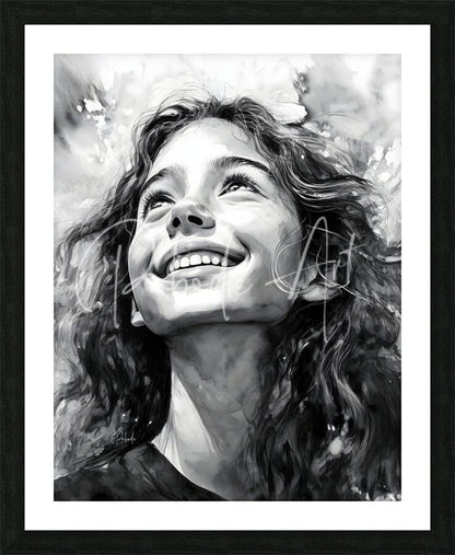 Black and white framed portrait of a smiling girl with curly hair in the carefree product collection