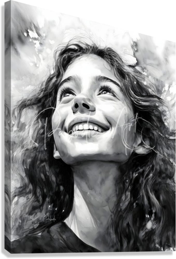 Black-and-white canvas painting titled carefree featuring a smiling woman with curly hair