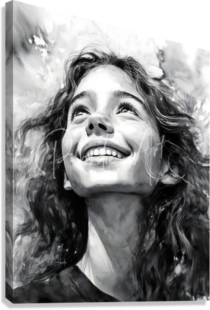 Black-and-white canvas painting titled carefree featuring a smiling woman with curly hair