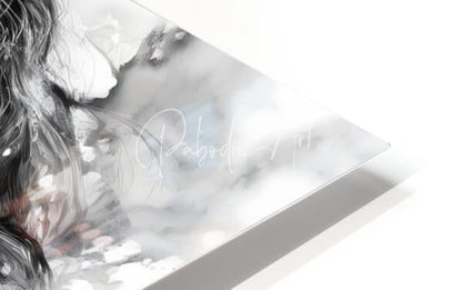 A sleek transparent acrylic plaque named Carefree featuring a monochromatic flowing hair illustration and cursive signature