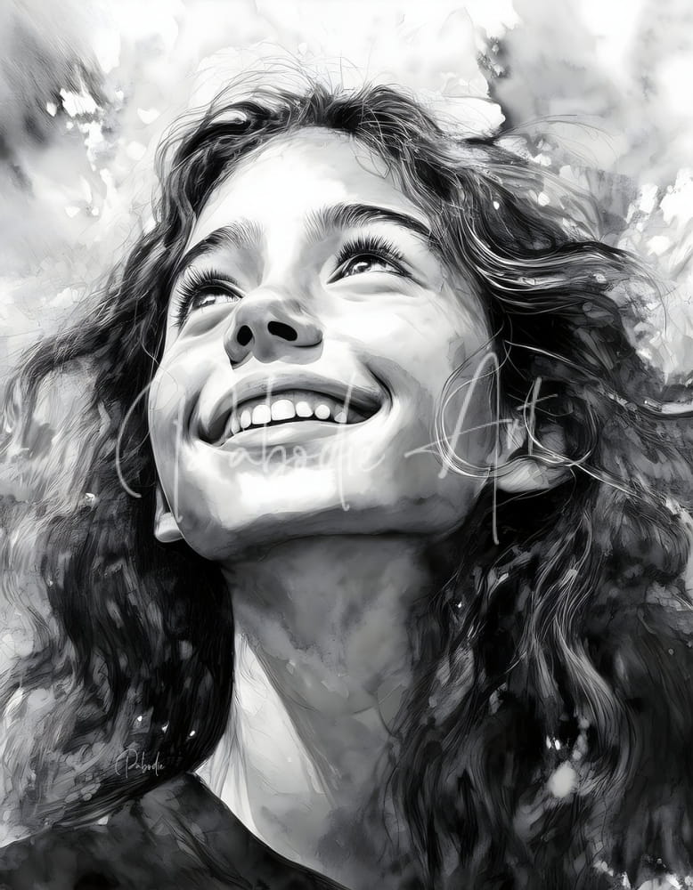 A black and white artistic portrait of a smiling woman with long wavy hair titled Carefree
