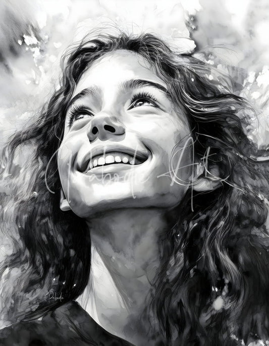 A black and white artistic portrait of a smiling woman with long wavy hair titled Carefree