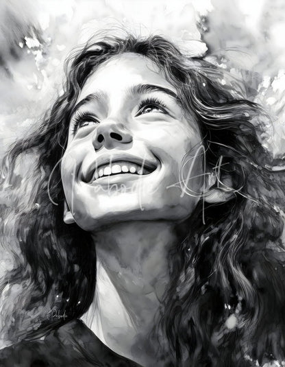 A black and white artistic portrait of a smiling woman with long wavy hair for the product carefree